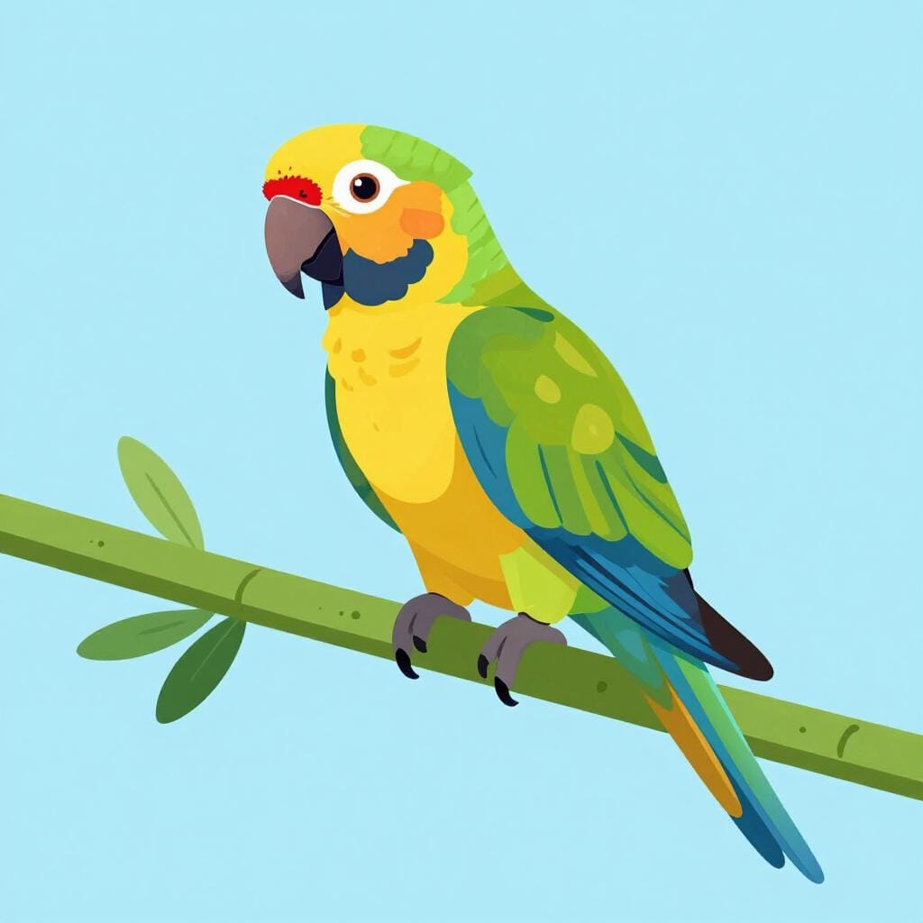 A colorful tropical bird with vibrant feathers sitting on a branch in a local forest.