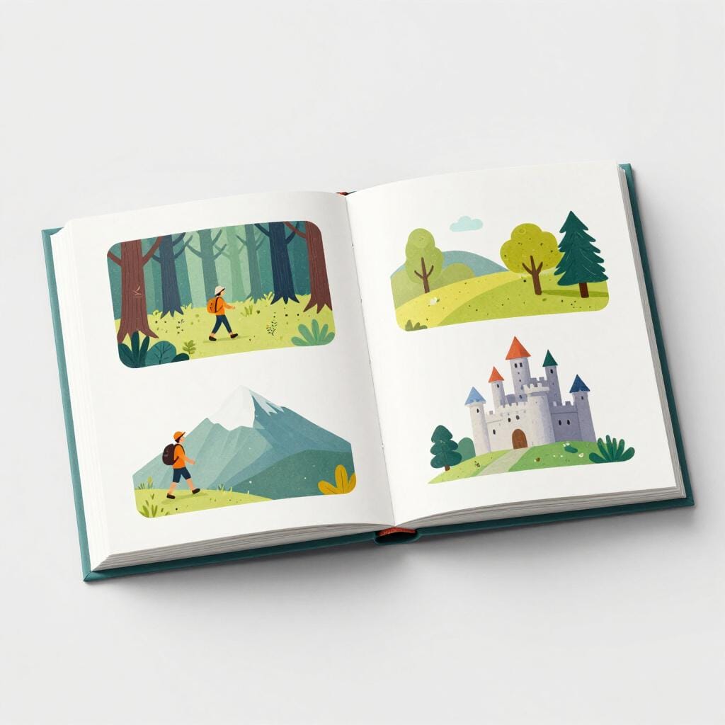 Un livre ouvert avec une séquence d'illustrations colorées montrant le voyage d'un héros à travers les montagnes et les forêts.