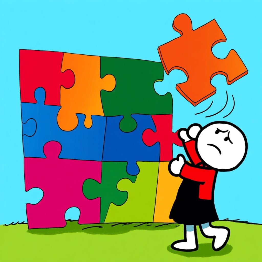 A cartoon figure successfully places the final piece into a large, colorful jigsaw puzzle, completing the complex image and illustrating the successful completion of a task.