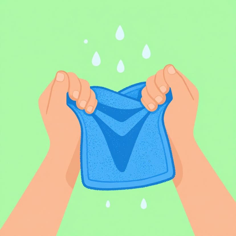 A pair of hands twisting a colorful wet towel.