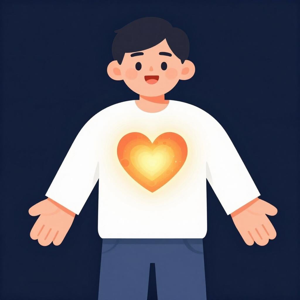 Une personne avec une expression amicale tenant ses mains ouvertes, avec un cœur lumineux visible dans sa poitrine.