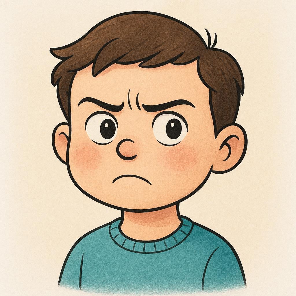 A simple cartoon character looking directly forward with furrowed brows and a slightly tilted head, clearly expressing deep skepticism and uncertainty.