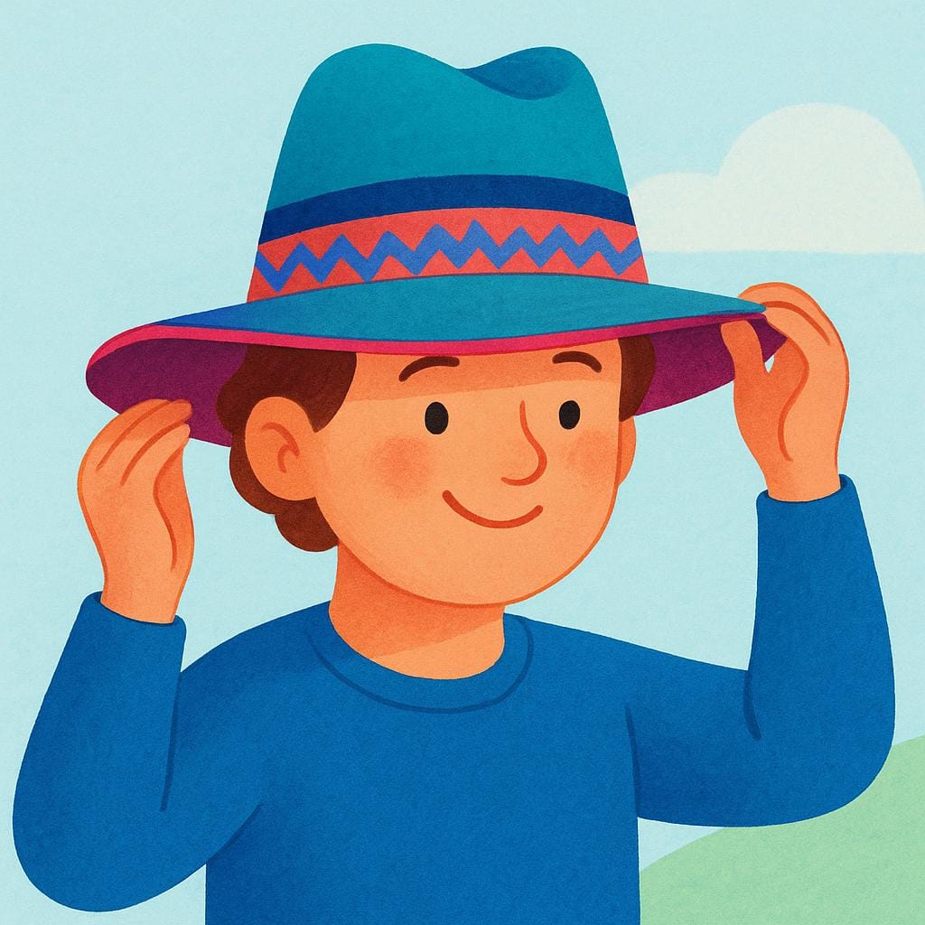 A friendly character with a big smile wearing a new, brightly colored, stylish fedora hat, emphasizing their appearance.