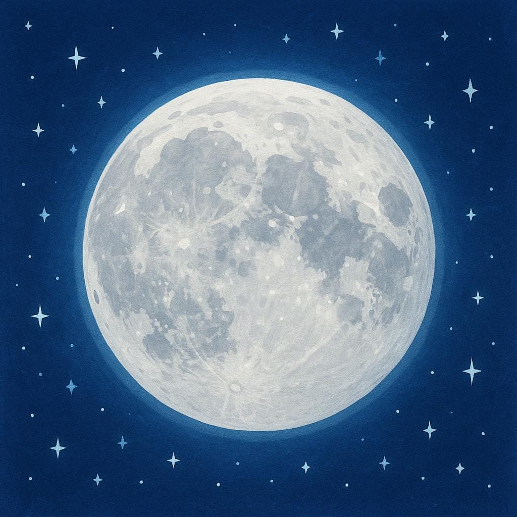 Uma ilustração colorida de uma lua cheia grande e detalhada, com crateras, flutuando proeminentemente contra um céu noturno azul escuro e estrelado.