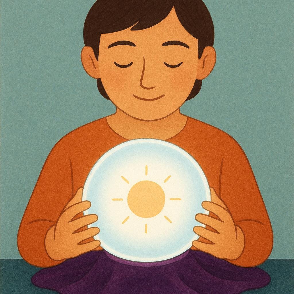 Una figura stilizzata seduta a un tavolo, che guarda intensamente in una sfera di cristallo luminosa poggiata su un panno di velluto, a simboleggiare la previsione di un evento.