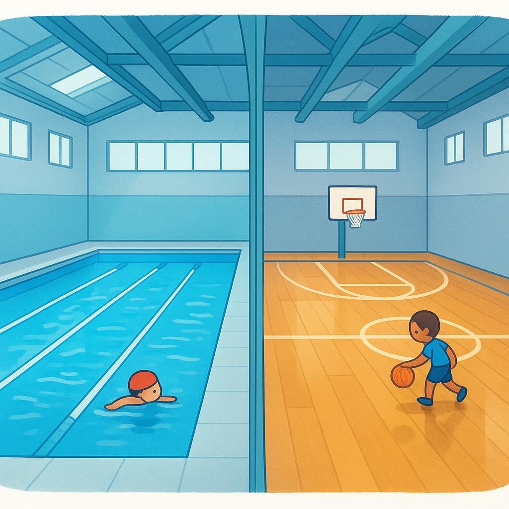 A modern sports facility with a swimming pool and a basketball court under a large roof.