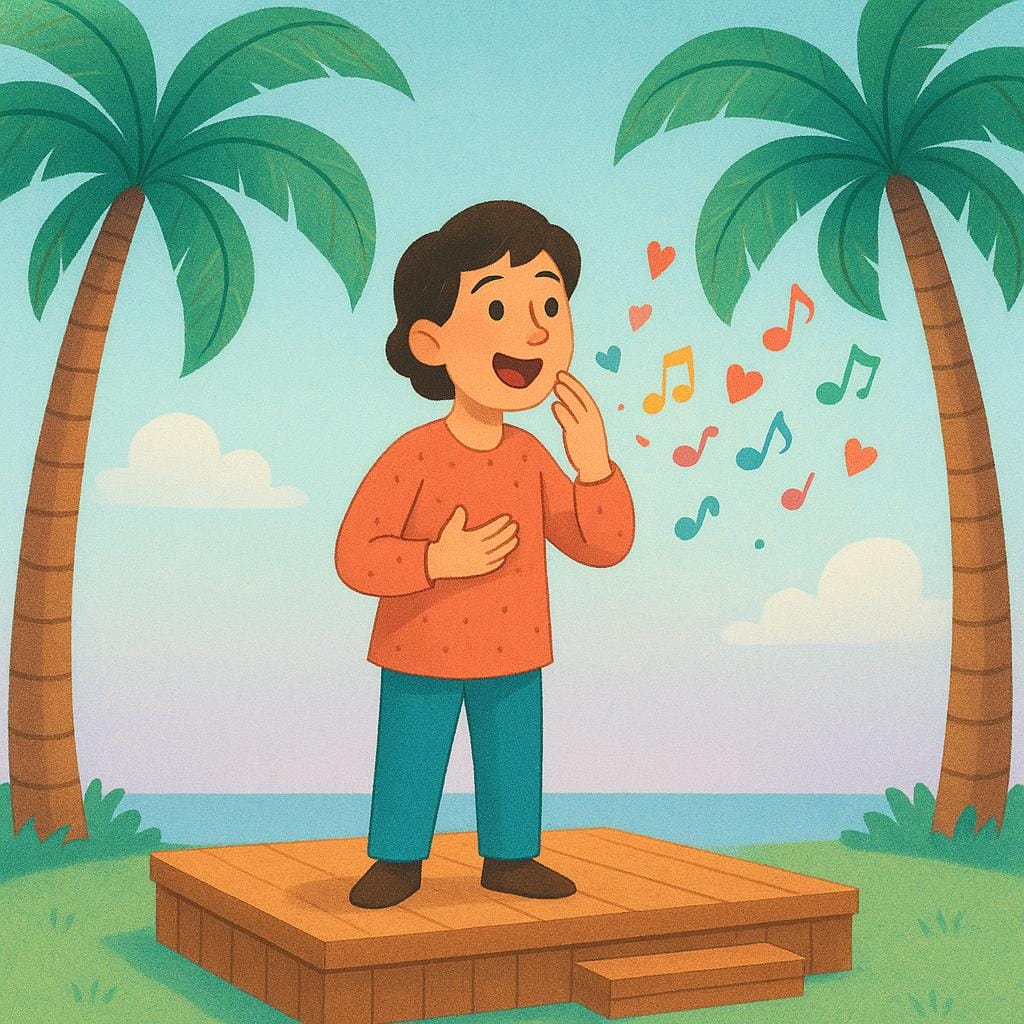 A smiling person standing outdoors under palm trees, speaking animatedly. Colorful musical notes and stylized hearts float out from their mouth, representing poetry and verses.