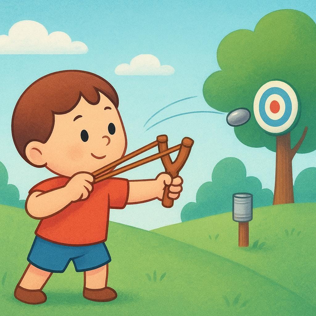 A storybook illustration of a character aiming and firing a small pebble from a wooden slingshot.