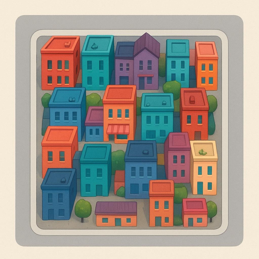 An aerial view illustration of a square city block containing several buildings, clearly bounded by four surrounding streets.