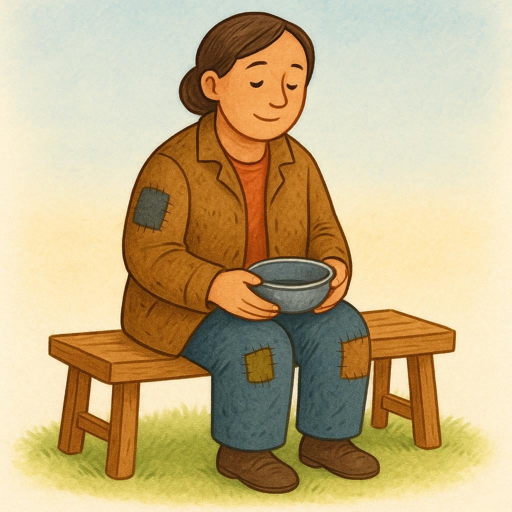 A humble adult figure wearing simple, patched clothing, sitting on a wooden bench and holding a small, empty tin bowl.