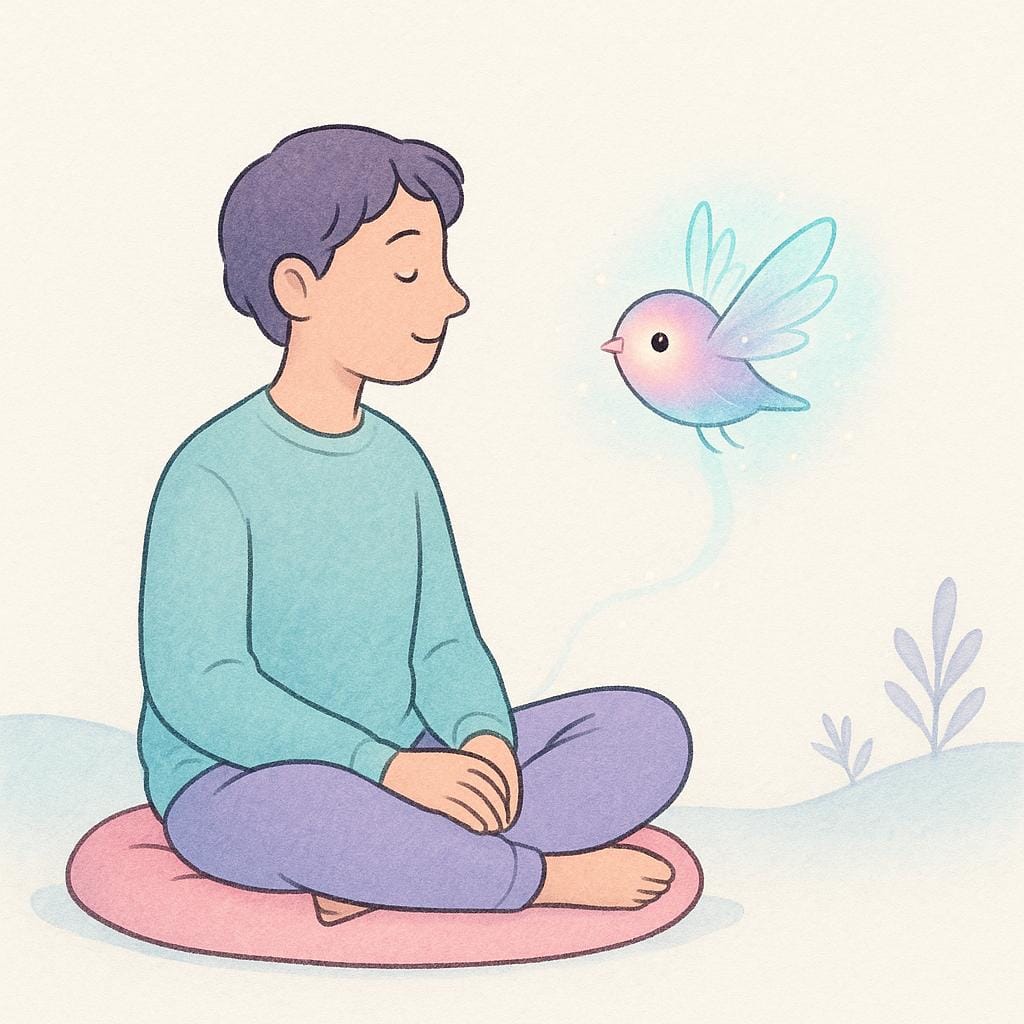 한 사람이 조용히 앉아 상상 속의 물체, 즉 눈앞에 떠 있는 듯한 생생하고 환상적인 생물(작은 용 같은)에 집중하고 있으며, 이는 활발한 상상력을 상징합니다.