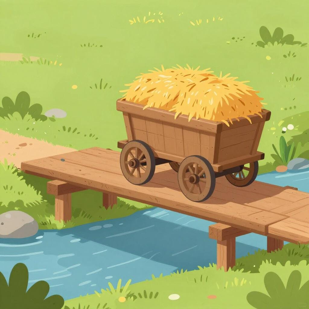 A colorful storybook illustration of a wooden bridge successfully supporting a heavy cart.