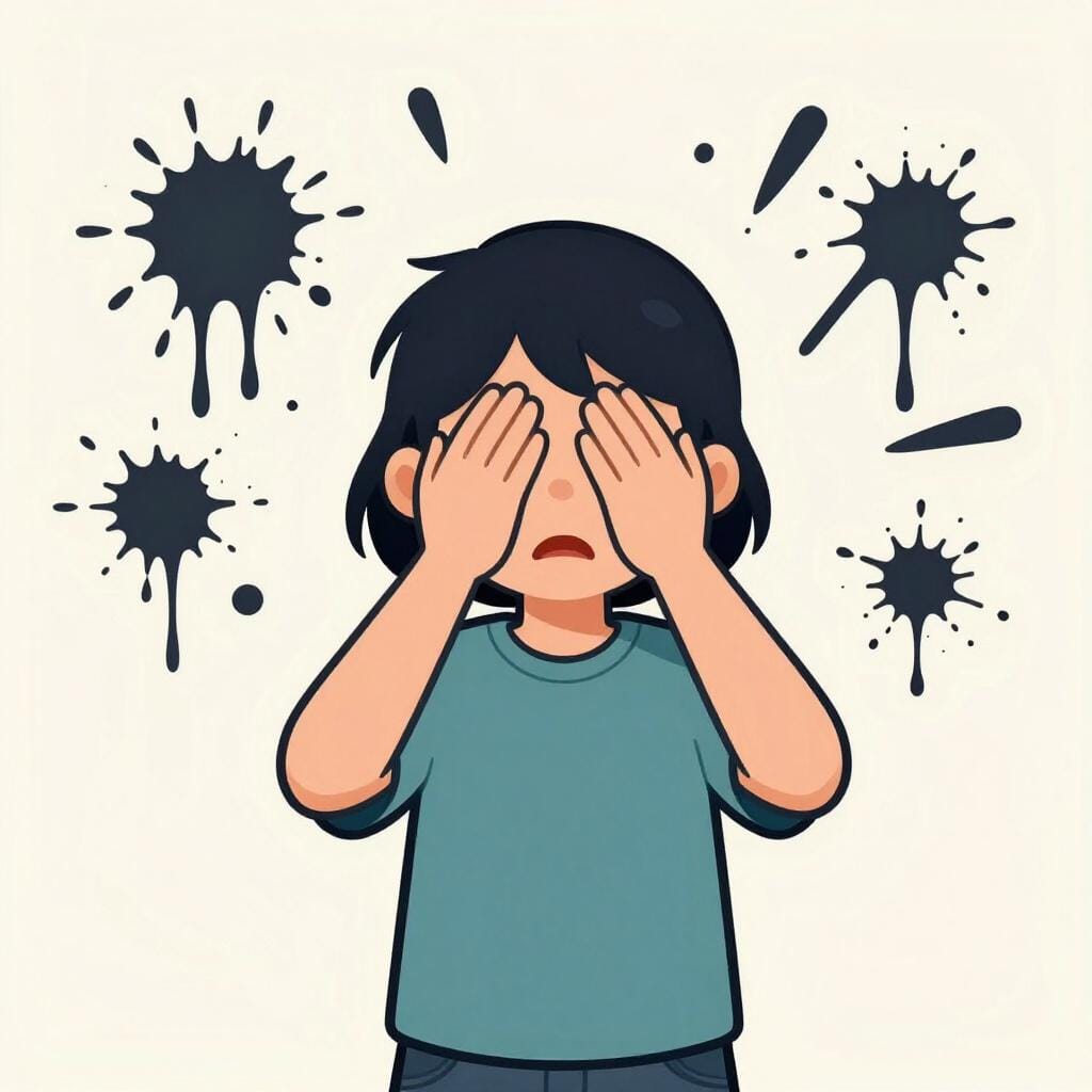 A person covering their eyes with their hands while looking at a messy, vandalized wall.