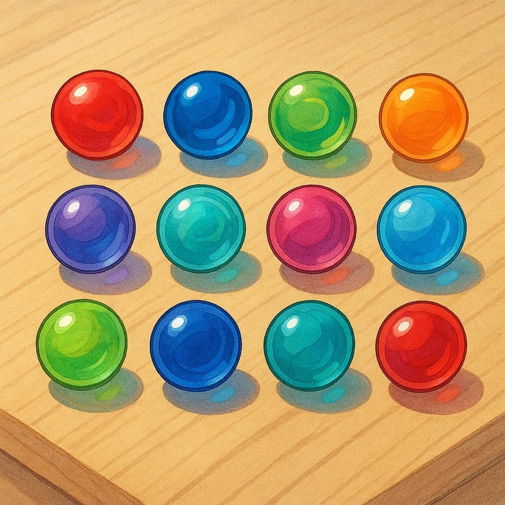 A high quality simple colorful storybook illustration showing a neat collection of twelve brightly colored glass marbles arranged closely together on a simple wooden surface.