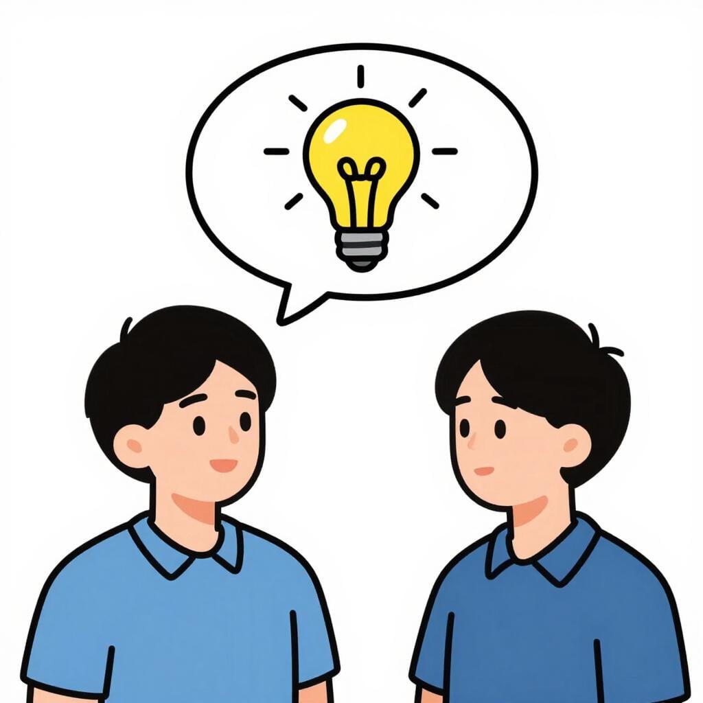 A person with a speech bubble containing a glowing lightbulb symbol, standing next to another person.