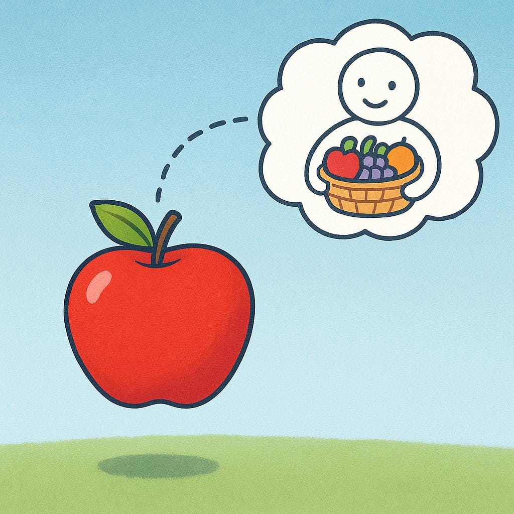 Uma maçã vermelha brilhante flutuando no ar, conectada por uma linha tracejada a um balão de pensamento contendo um desenho simples de uma pessoa sorridente segurando uma cesta de frutas, representando o que a maçã significa ou simboliza.