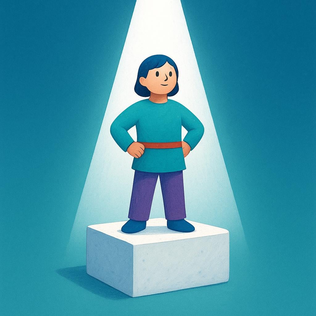 A figure standing resolutely on a solid, unmoving block of white stone, illuminated by a single beam of pure white light, symbolizing unwavering moral integrity.
