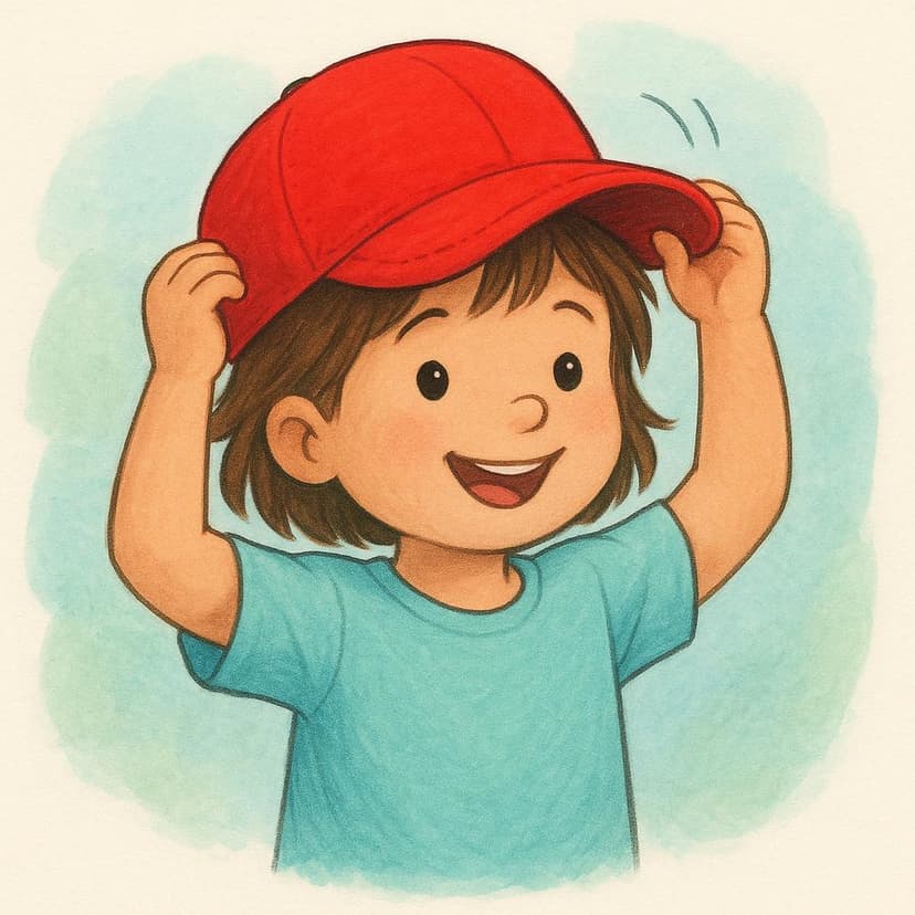 A child actively putting a bright red baseball cap onto their head with a cheerful expression.