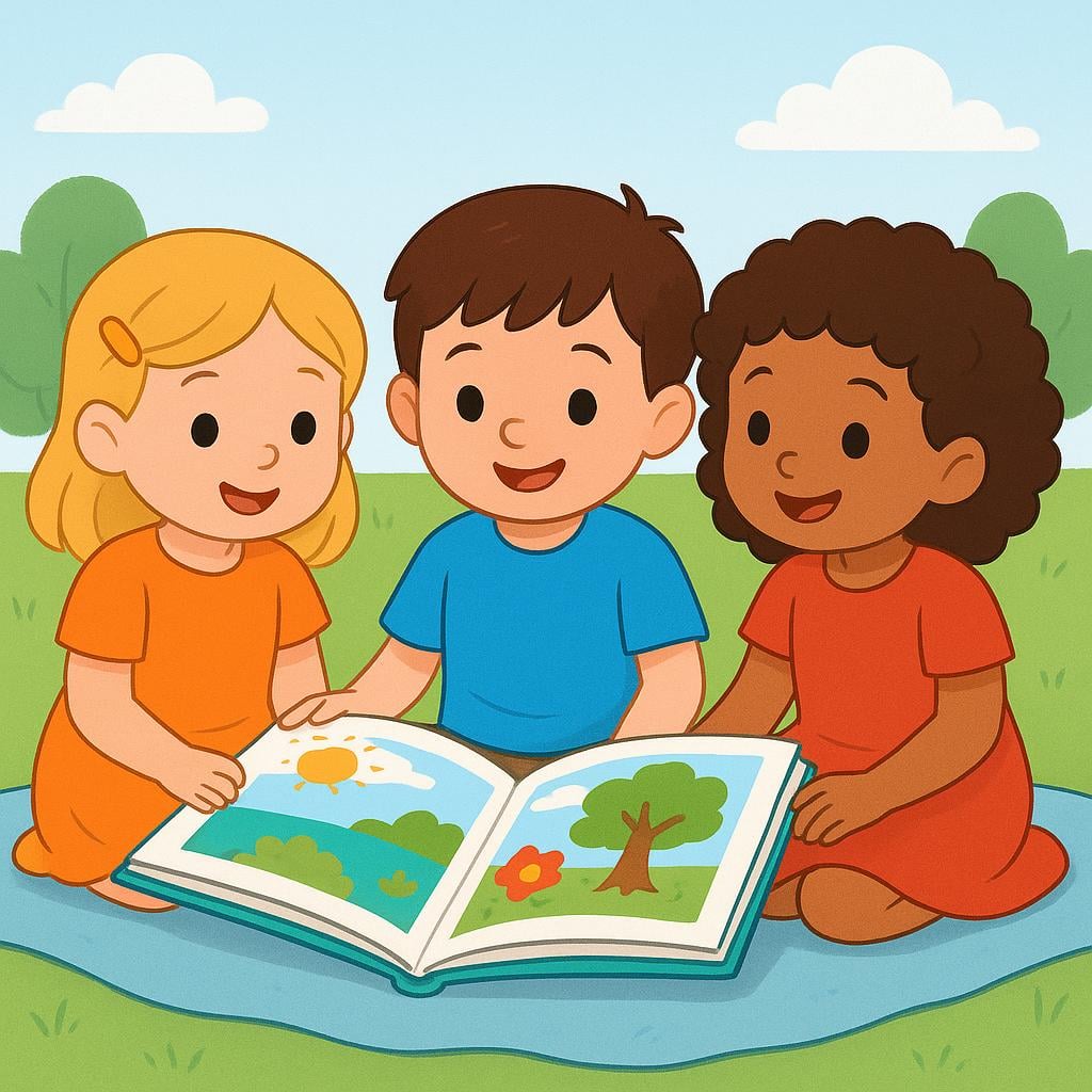 A happy group of three young children, consisting of two boys and one girl, sitting together and giggling while looking at a picture book.