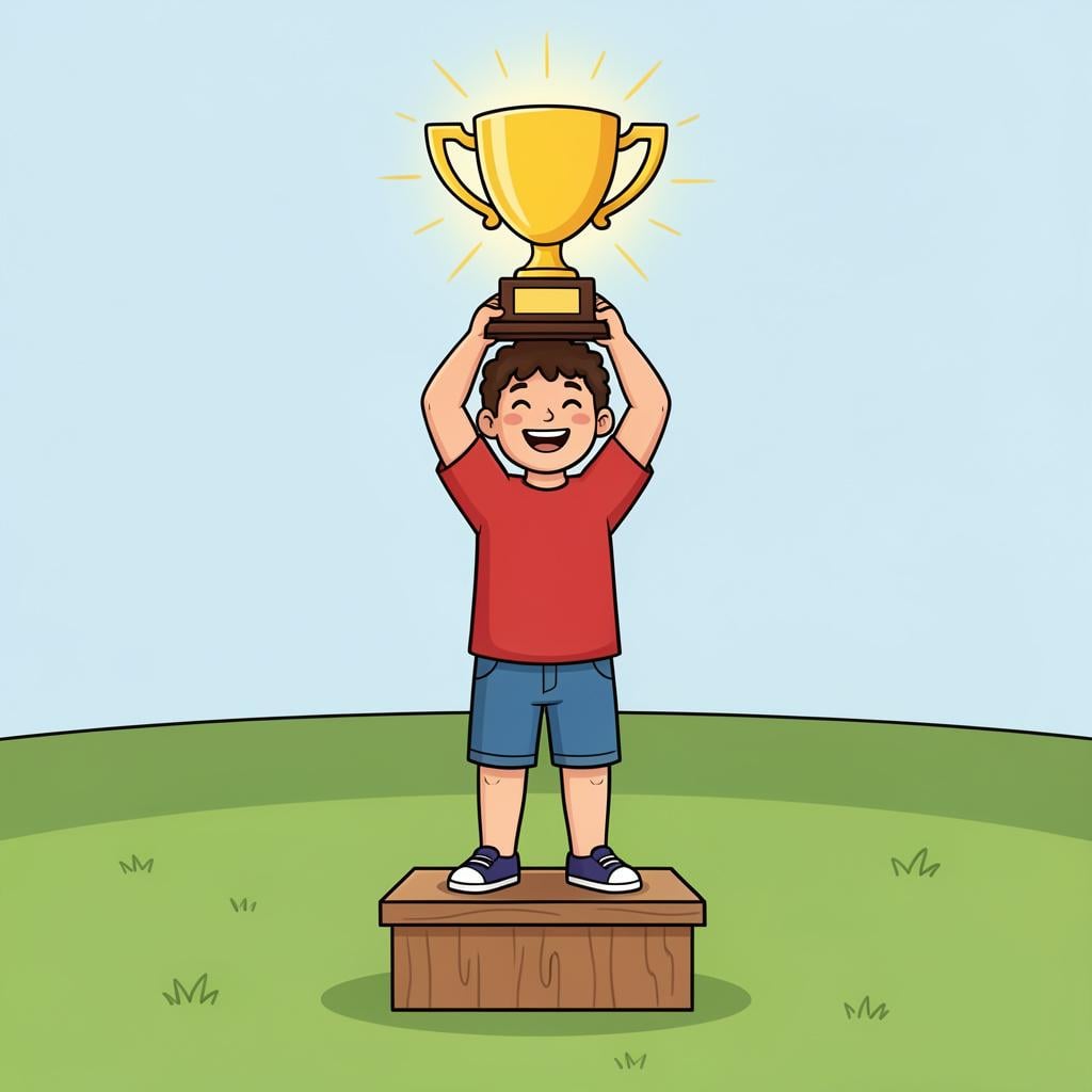 A joyful person standing on a podium holding a gold trophy high in the air.