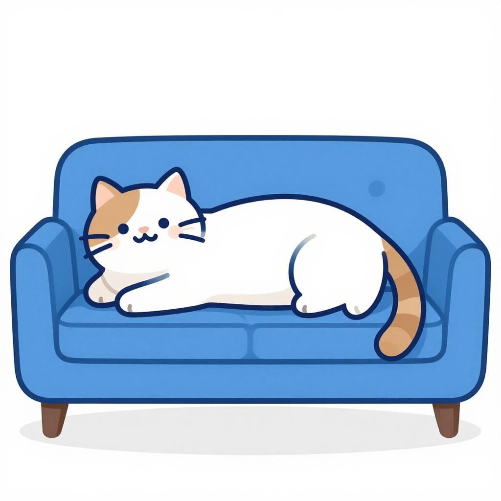 A large fluffy cat stretched out across an entire long sofa, leaving no room for anyone else to sit.