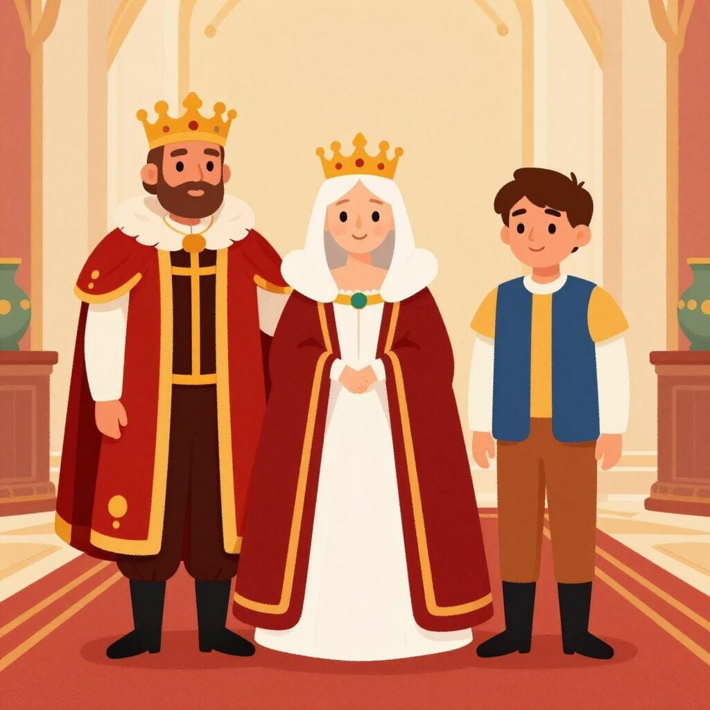 A group of royal family members standing together in a palace hallway wearing crowns and elegant robes.