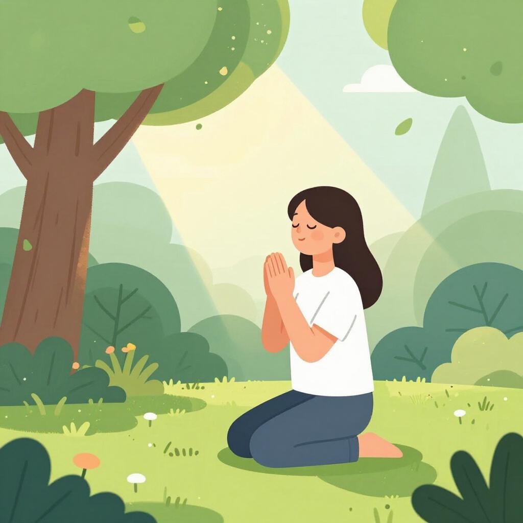 A person kneeling in a peaceful garden with hands clasped together in a gesture of prayer.