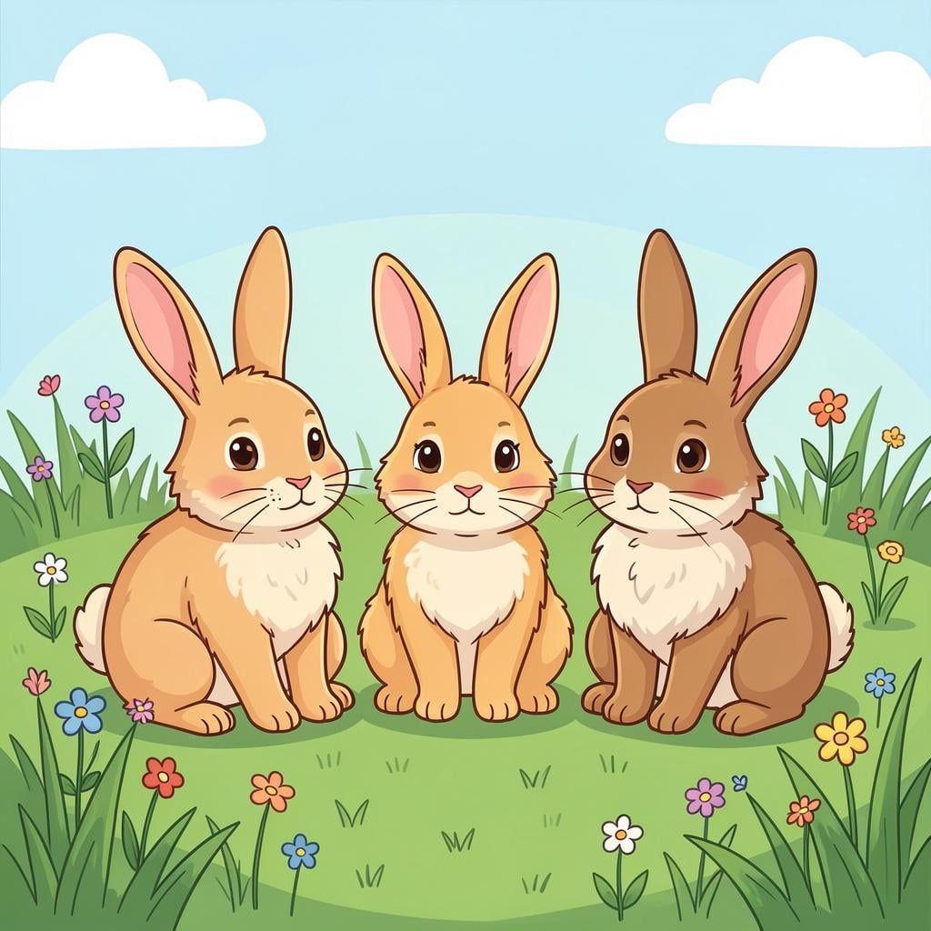 A group of three fluffy rabbits sitting together in a green meadow.
