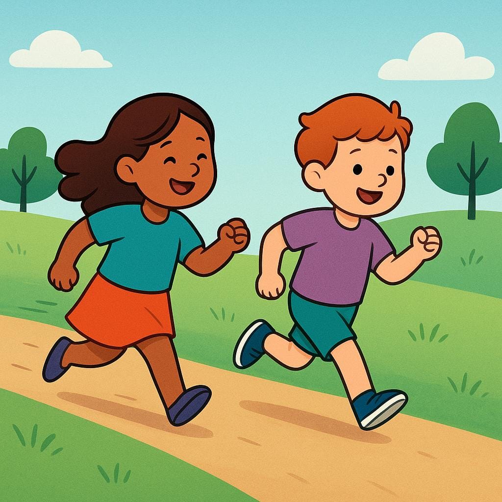 A colorful storybook illustration showing two simplistic, smiling human figures running side-by-side down a path, suggesting immediate departure or movement.