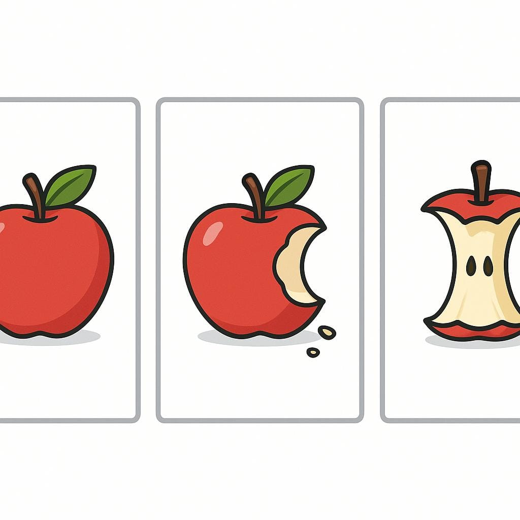 Three adjacent, rectangular frames on a white background, depicting a sequential story. The first frame shows a whole red apple. The second frame shows the apple half-eaten. The third frame shows only the apple core remaining, illustrating narrative divisions.