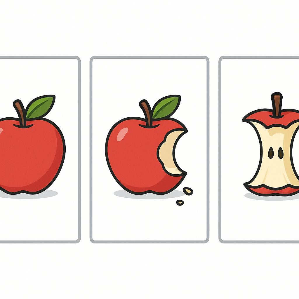 Three adjacent, rectangular frames on a white background, depicting a sequential story. The first frame shows a whole red apple. The second frame shows the apple half-eaten. The third frame shows only the apple core remaining, illustrating narrative divisions.