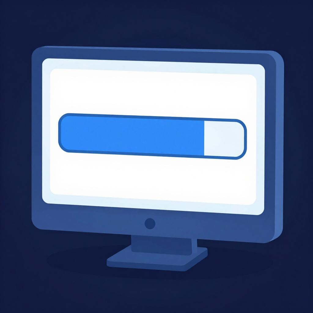 Ein bunter Fortschrittsbalken, der sich auf einem leuchtenden Computerbildschirm füllt.