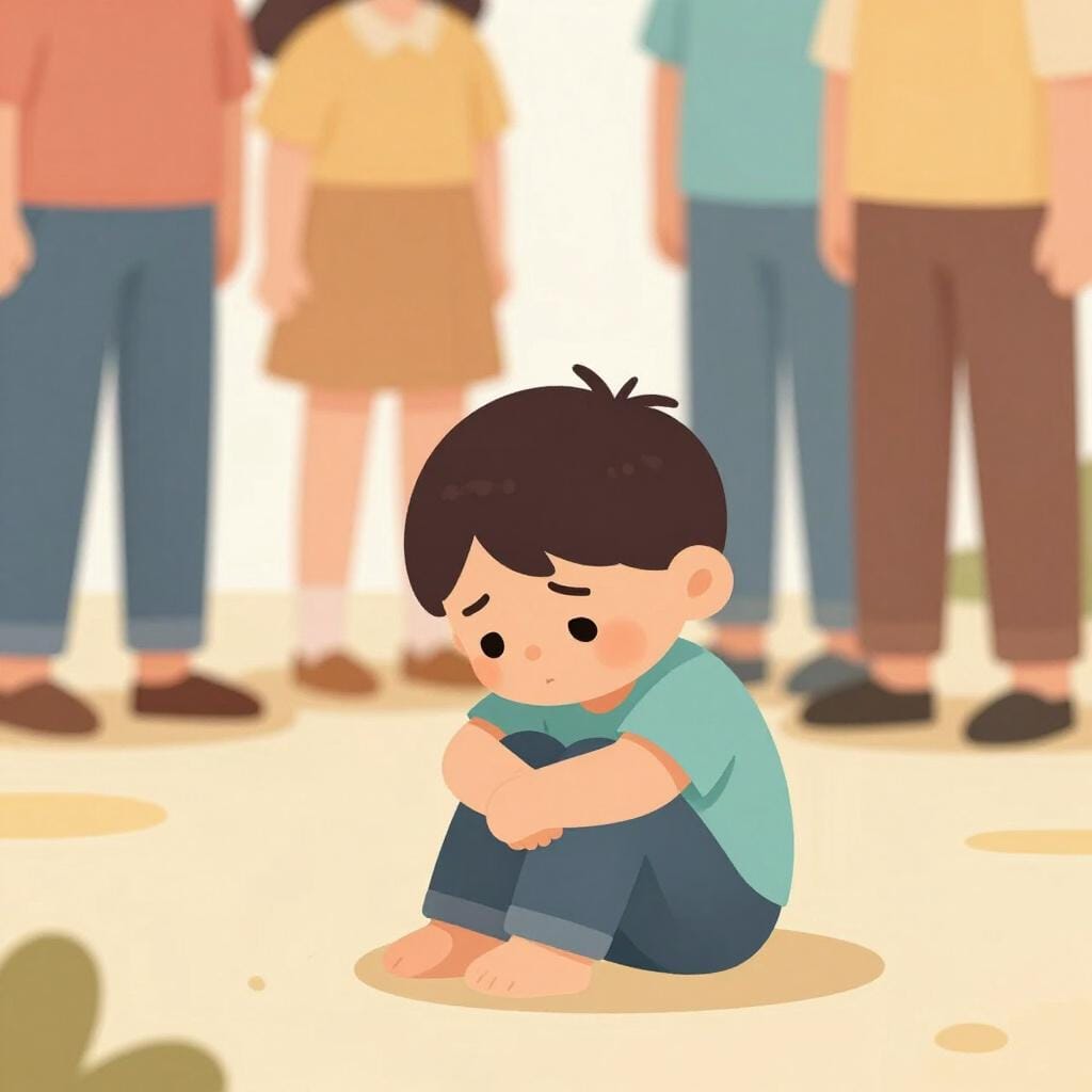 A small, sad child sitting on the floor looking down while others stand in the background.