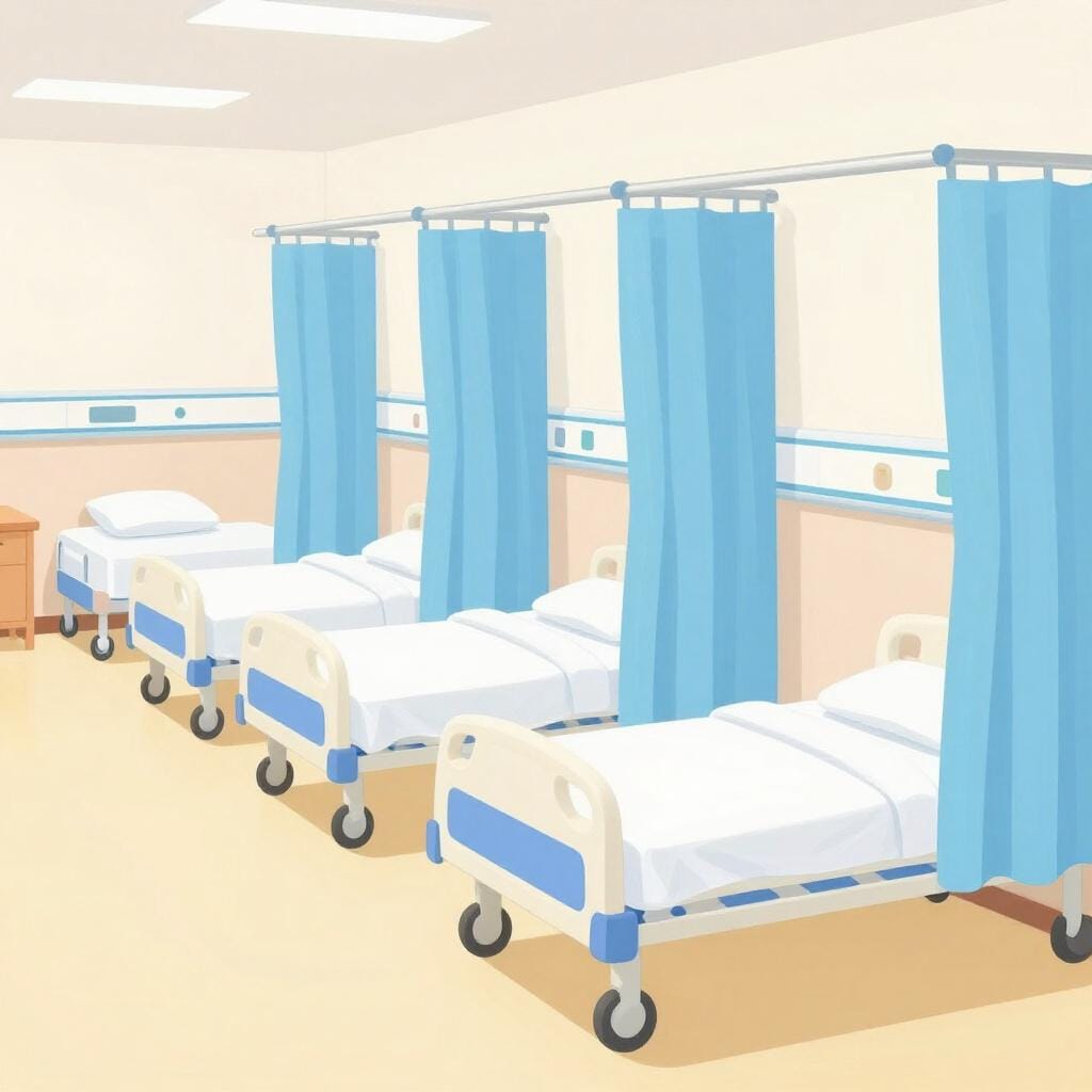Uma ilustração de alta qualidade de um enfermaria hospitalar limpa com várias camas arrumadas e cortinas de privacidade.