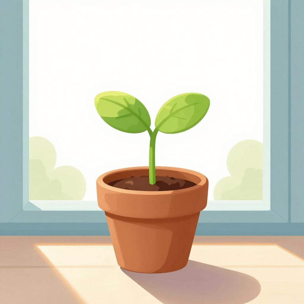 A small seedling sprout growing out of a small pot on a windowsill, representing the early stage before a garden.