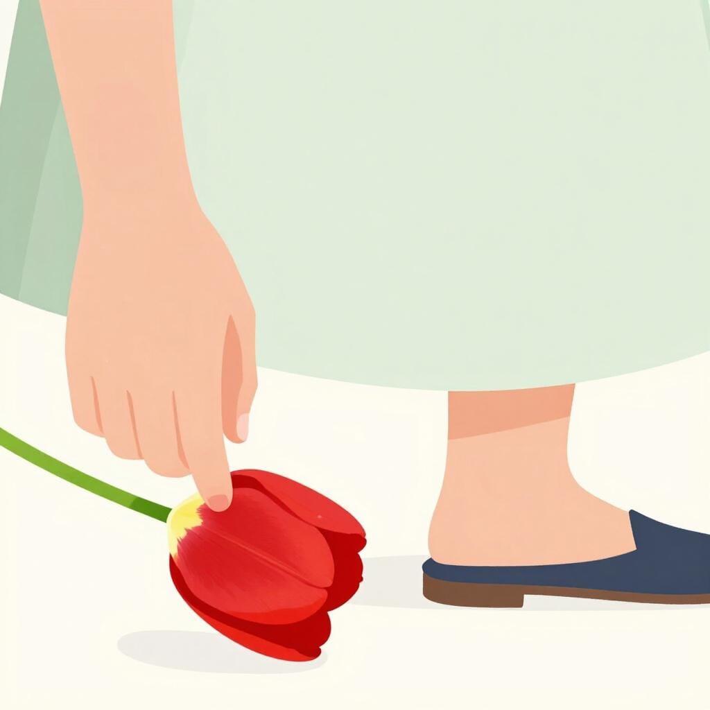 A hand lightly brushing against the petals of a vibrant red flower while walking by.