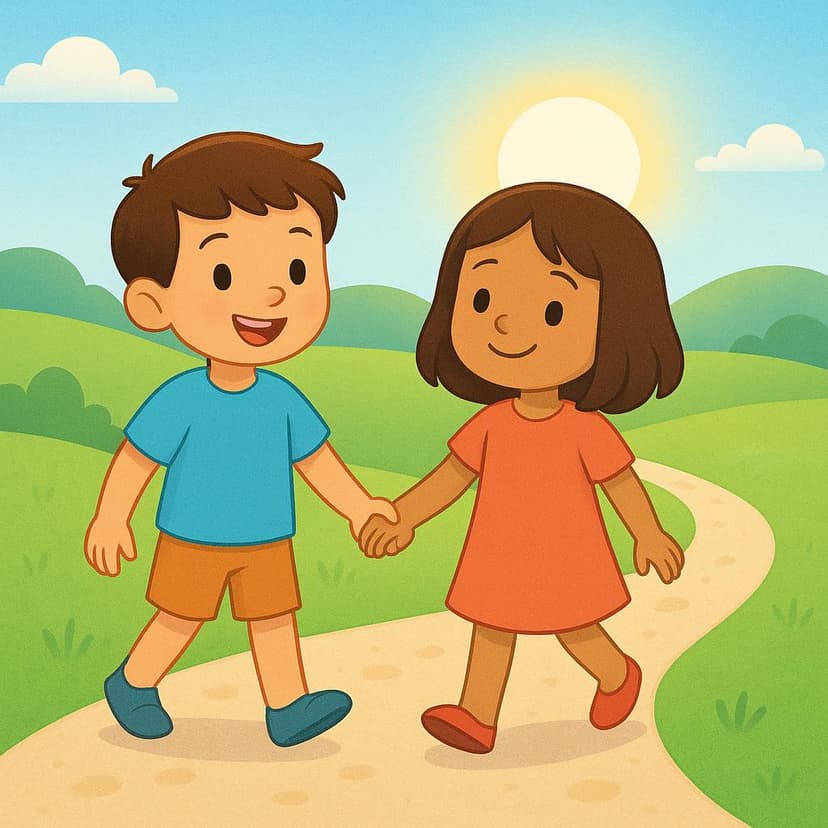 A colorful storybook illustration showing two cheerful children, a boy and a girl, holding hands and stepping onto a bright path that leads toward a sunny background, symbolizing the start of a shared journey.