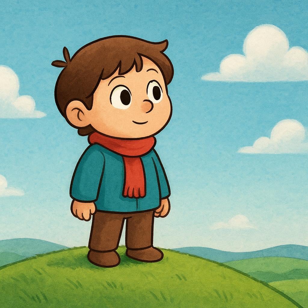 A friendly storybook character standing on a small green hill, looking intently towards the distant horizon with focused eyes.