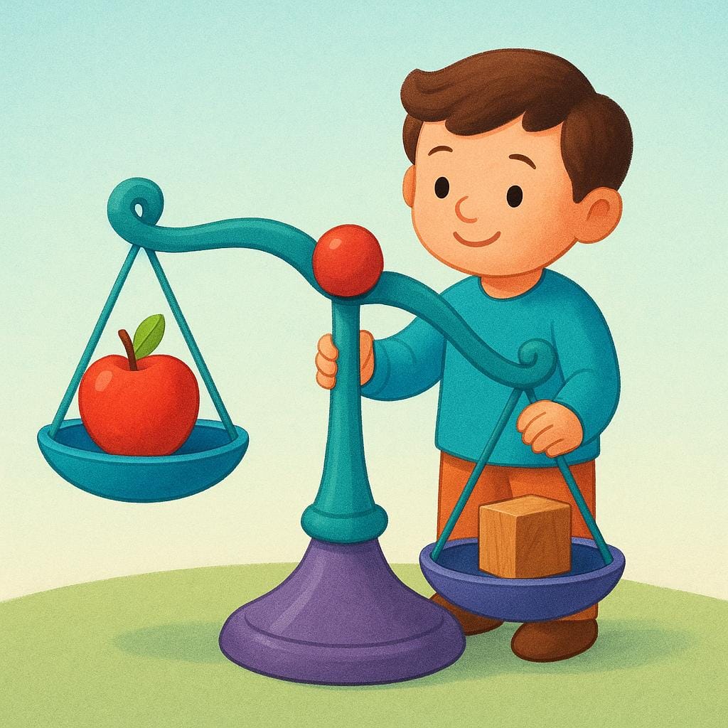 A friendly character evaluating two different items, an apple and a book, on a perfectly balanced scale.