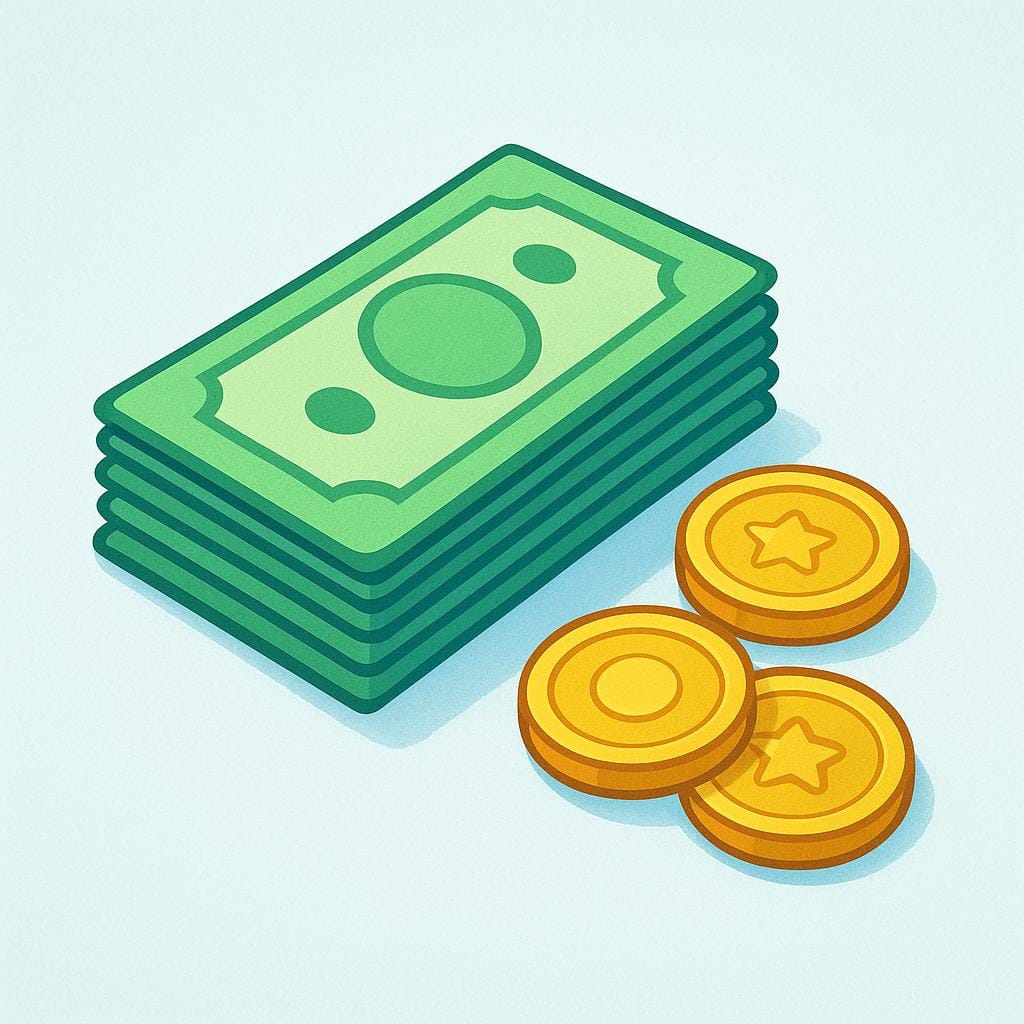 A small stack of simplified paper currency bills next to several gold coins.