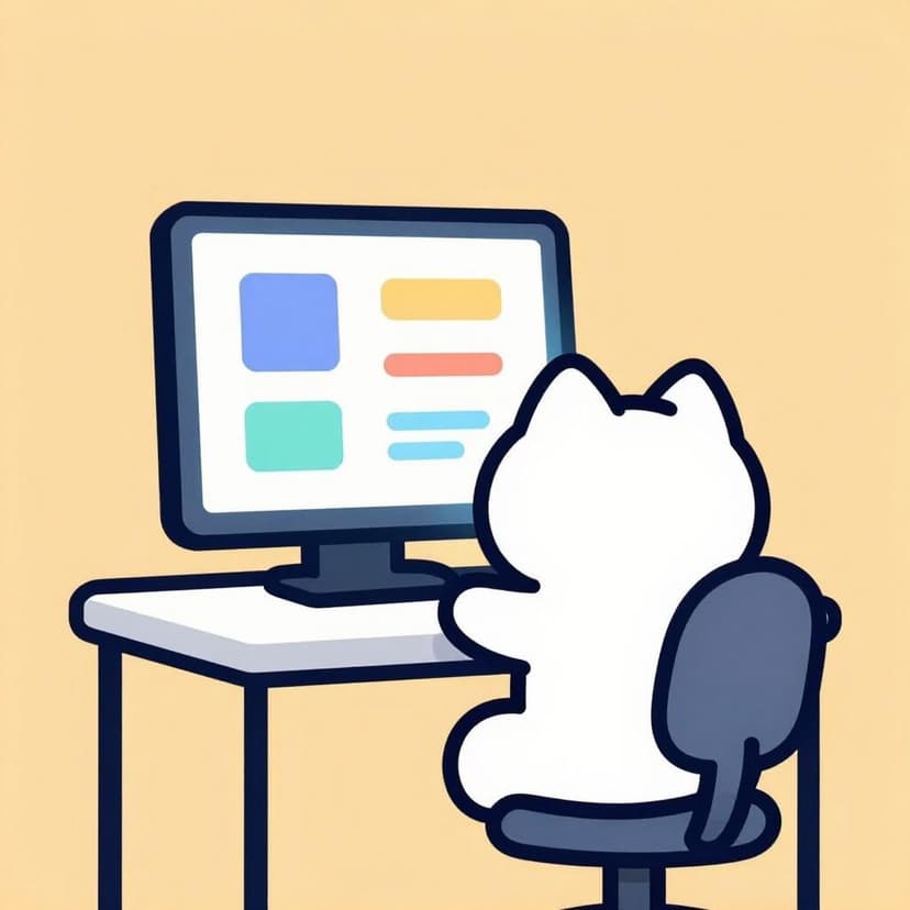 A friendly cat wearing glasses sitting in front of a glowing computer monitor with simple colored blocks representing computer code.
