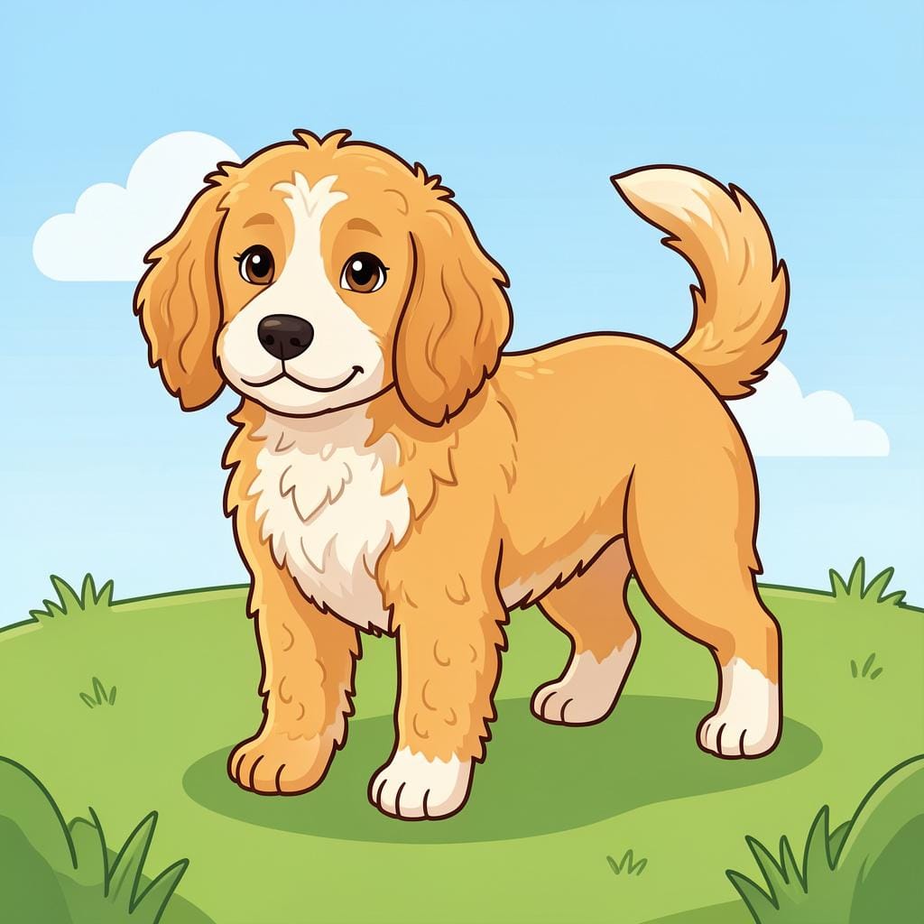 A friendly dog that has features of both a Golden Retriever and a Poodle.