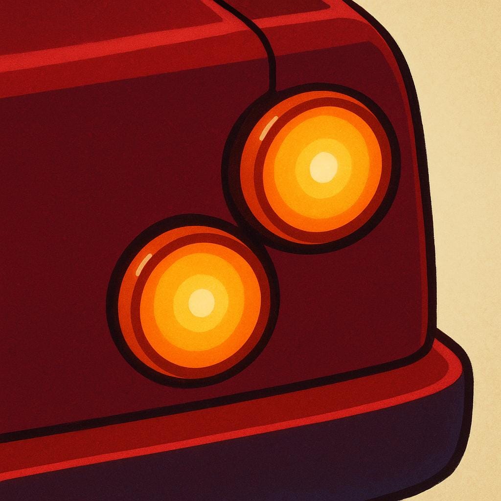 A close-up view of the rear of a simple vehicle showing two illuminated, circular, amber indicator lights.
