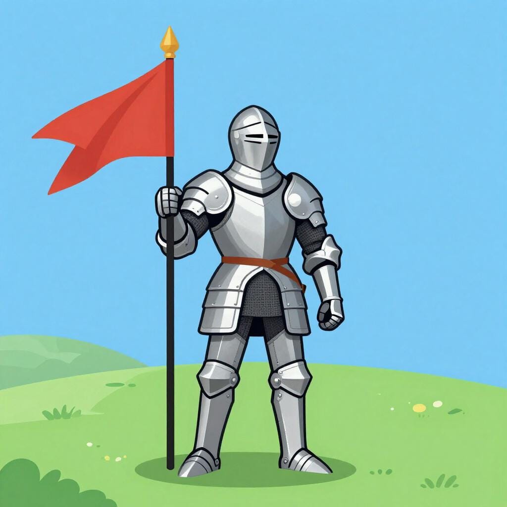 草の丘の上に旗を持って立つ、輝く甲冑姿の騎士。