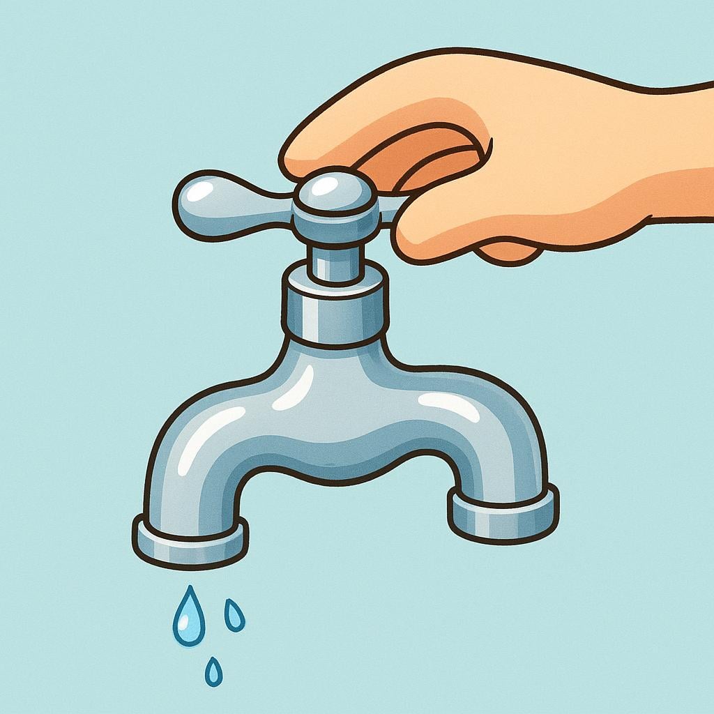 A hand turning a silver water faucet handle to stop the flow of water.