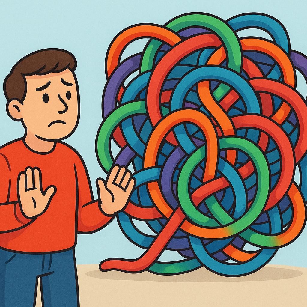 A frustrated person looking at a huge, complex knot of brightly colored, tangled rope.