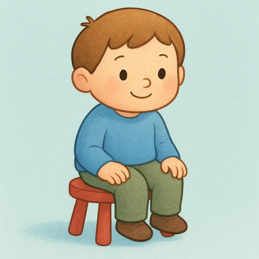 A simple storybook illustration of a friendly character in the process of lowering themselves onto a small, simple wooden stool.