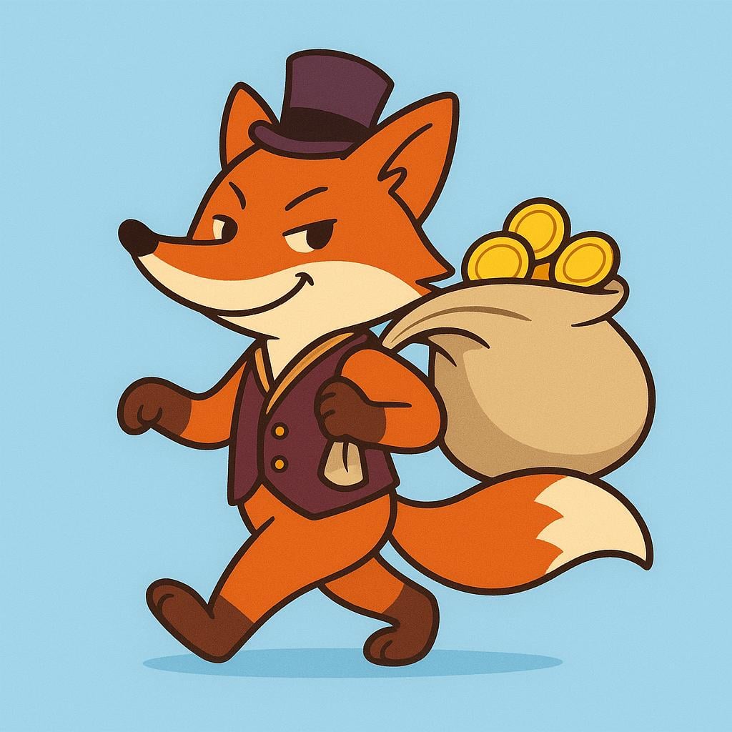 A mischievous fox in a suit holding a stolen bag of gold coins while winking.