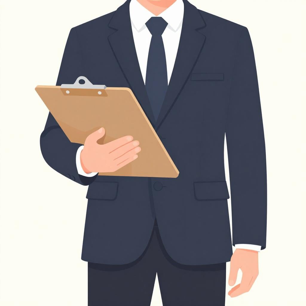A smiling person in a simple business suit stands holding a clipboard, representing a professional agent or representative.