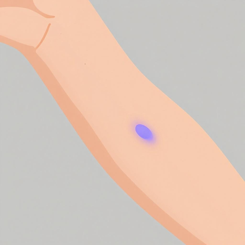 Eine Nahaufnahme des Unterarms einer Person, die einen kleinen, violetten und blauen Fleck auf der Haut zeigt.